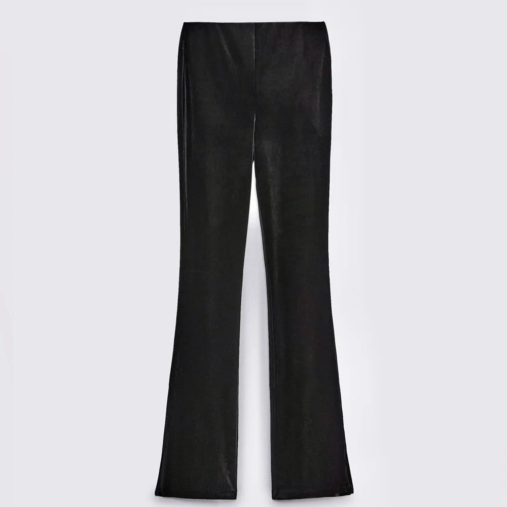Zara NWOT Black velvet velour side split hem stretchy legging flare pants